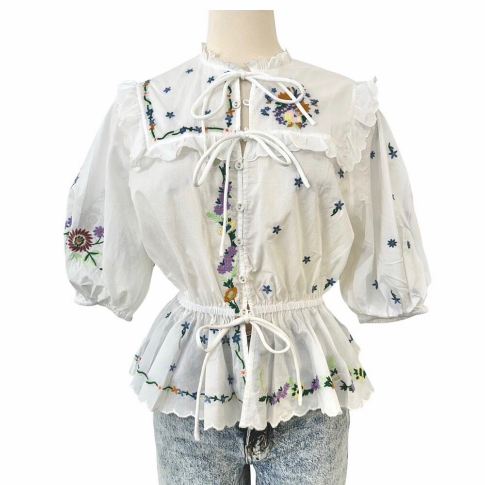 Alemais Willa Embroidered Blouse Top Floral Semi-Sheer White US 4